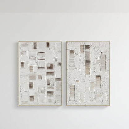 A two-panel abstract wall art set featuring textured, thick-painted rectangular blocks in off-white, beige, and taupe tones.