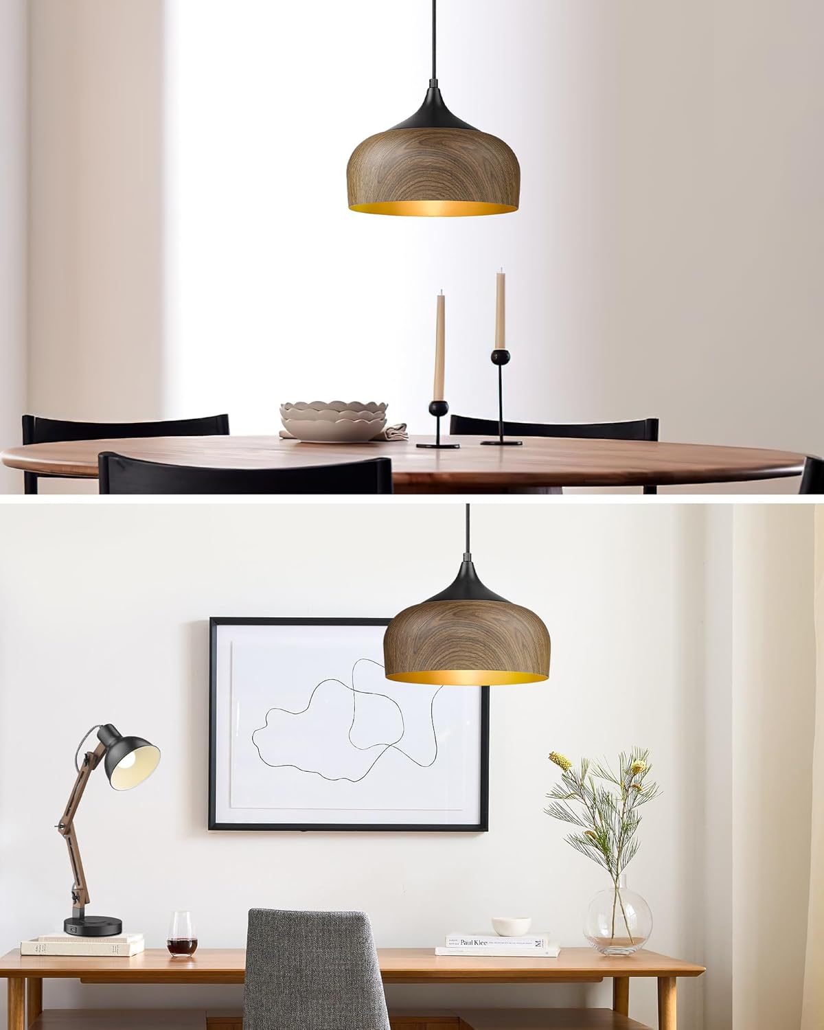 Wooden pendant light fixture in a dining room and office setting.