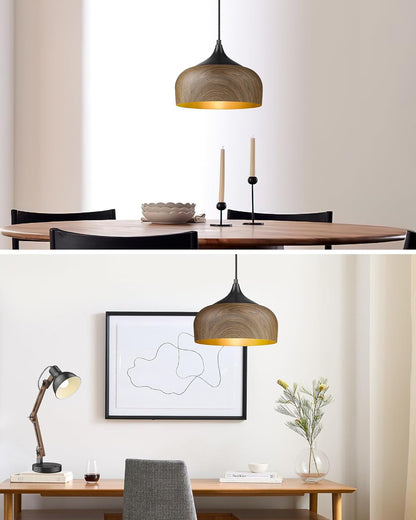 Wooden pendant light fixture in a dining room and office setting.