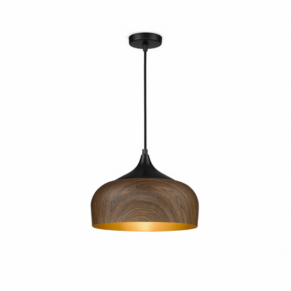 Pendant light with wooden finish and gold interior on a white background