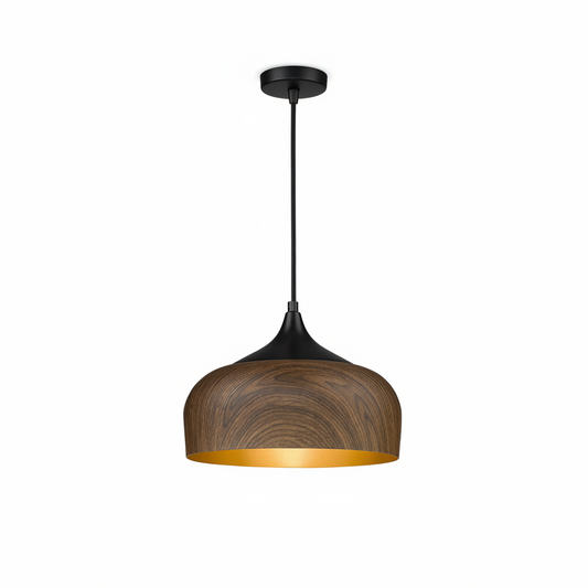 Pendant light with wooden finish and gold interior on a white background