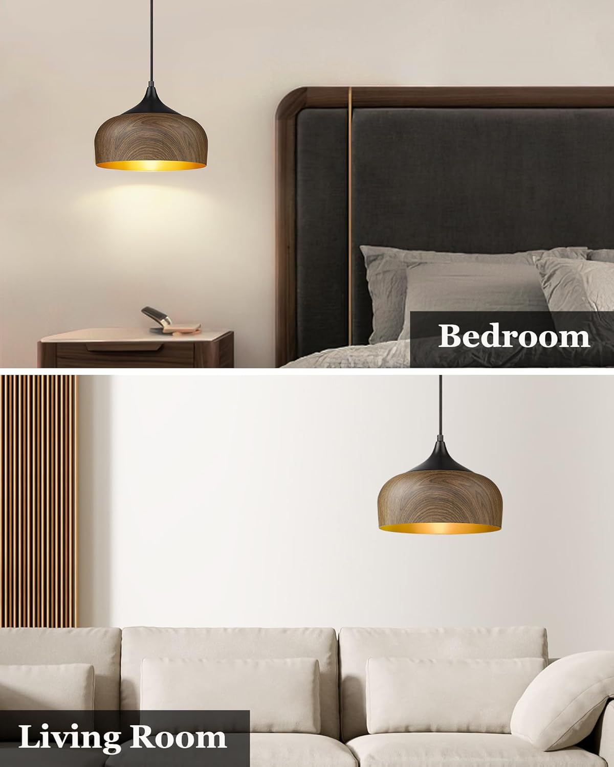 Modern pendant light fixture in a bedroom and living room setting with 'Bedroom' and 'Living Room' labels.
