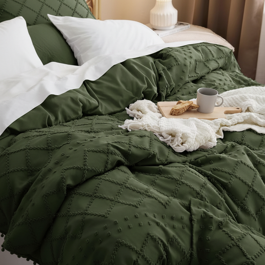 An olive green quilted comforter with pom-pom trim and matching pillow shams on a bed, styled with white pillows, a white throw blanket, and a small tray with a mug.