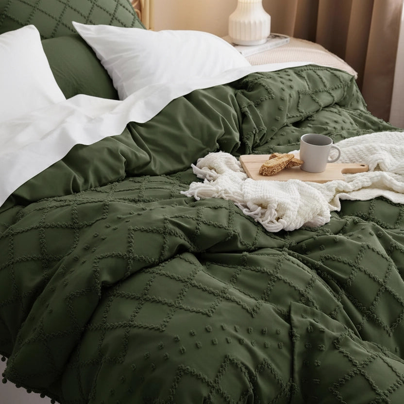 Olive Green Boho Duvet Cover Set