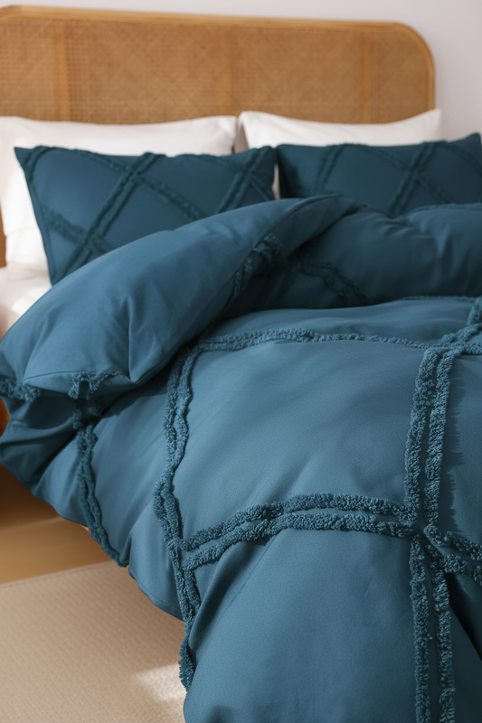 A close-up of a teal blue quilted bedding set with textured fringe details, styled on a bed with a tan headboard and white pillows.