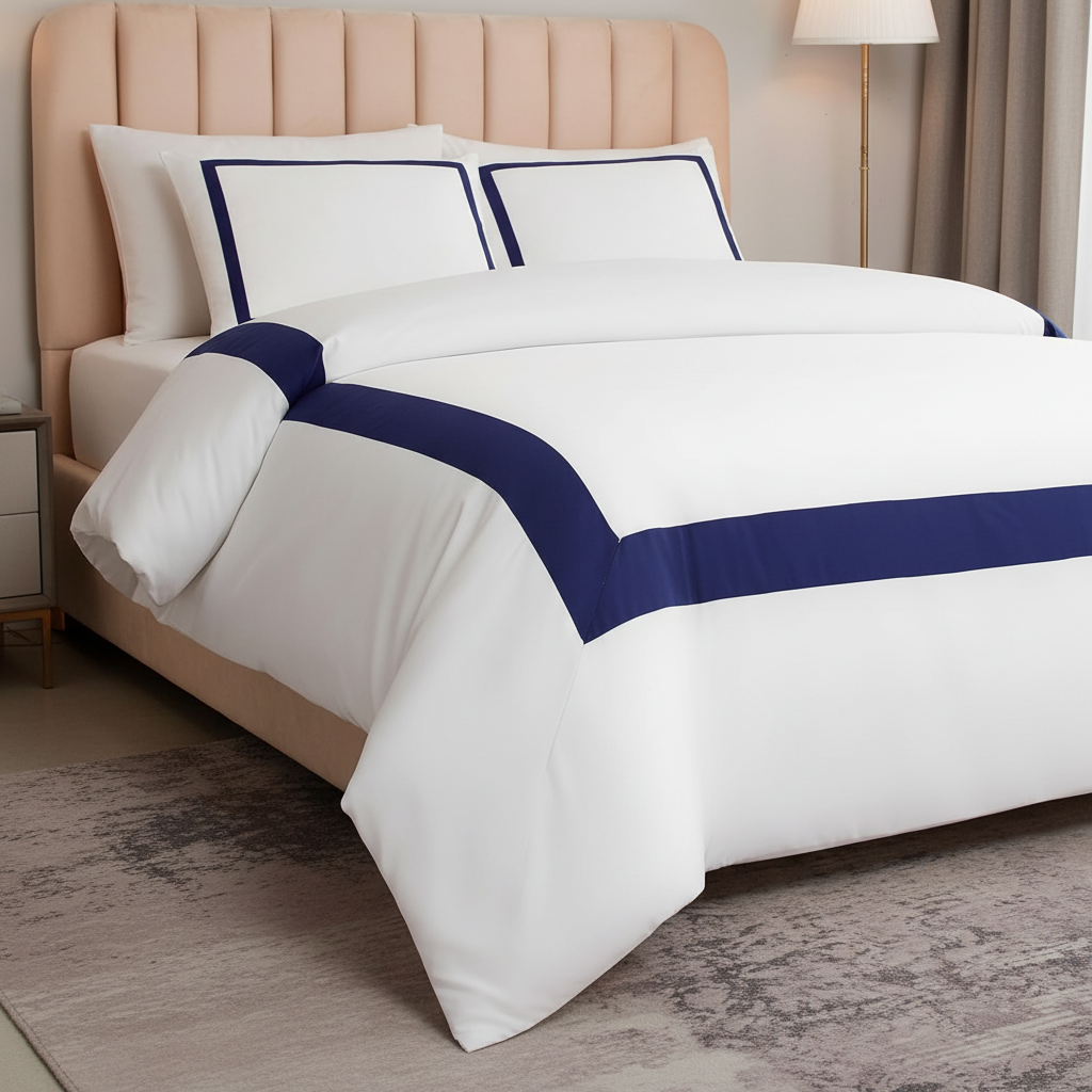 A neatly made bed in a bedroom setting, featuring a white duvet cover and matching pillowcases with a bold navy blue border stripe, set against a beige tufted headboard.
