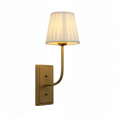 Wall-mounted lamp with a white shade and gold fixture on a white background
