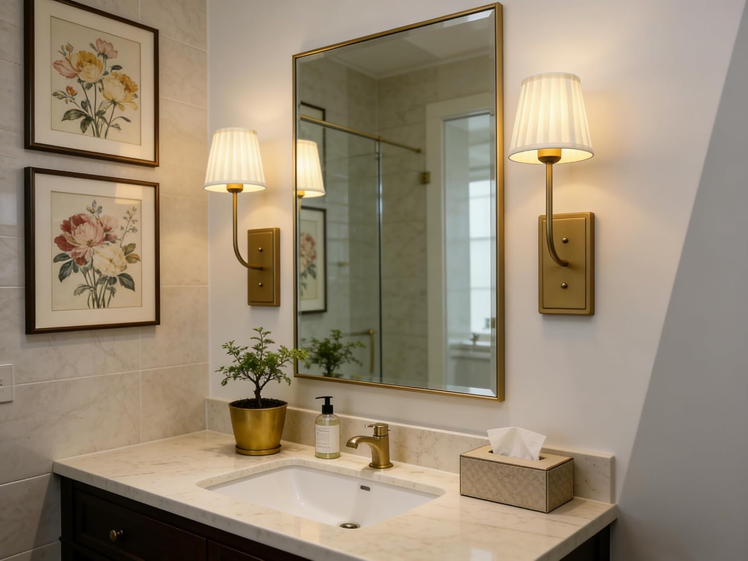 Bathroom vanity with mirror, lights, and decorative elements.