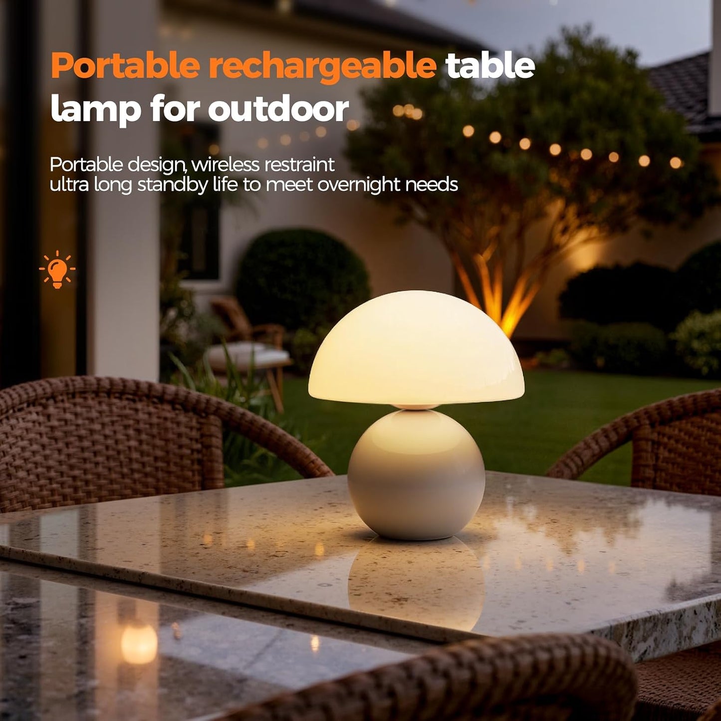 Portable rechargeable table lamp on a patio table with outdoor setting