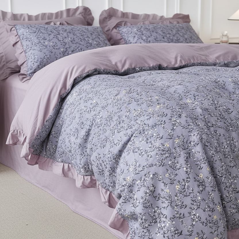A bed dressed in a dusty lavender and gray floral print bedding set with ruffled edges, including a comforter, matching pillow shams, and a light pink bed skirt, set against a white paneled wall.