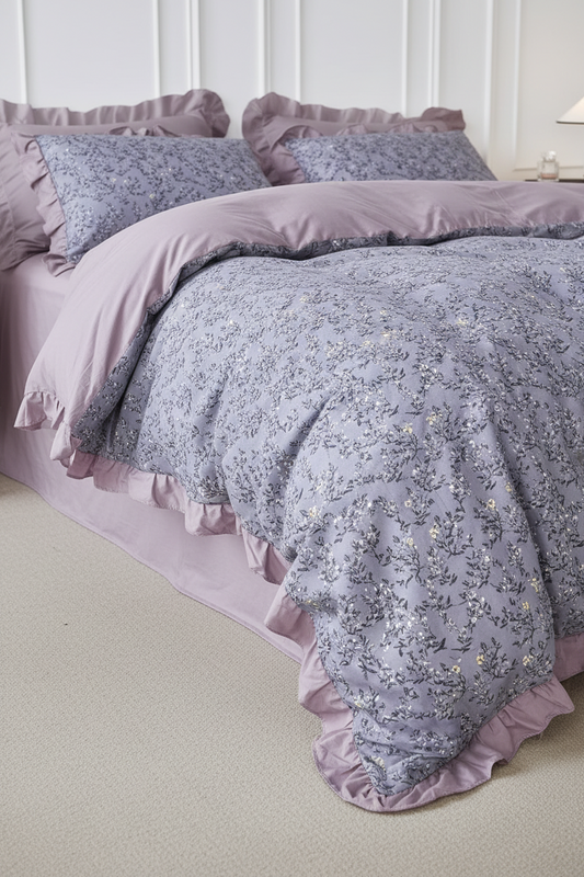 A bed dressed in a dusty lavender and gray floral print bedding set with ruffled edges, including a comforter, matching pillow shams, and a light pink bed skirt, set against a white paneled wall.