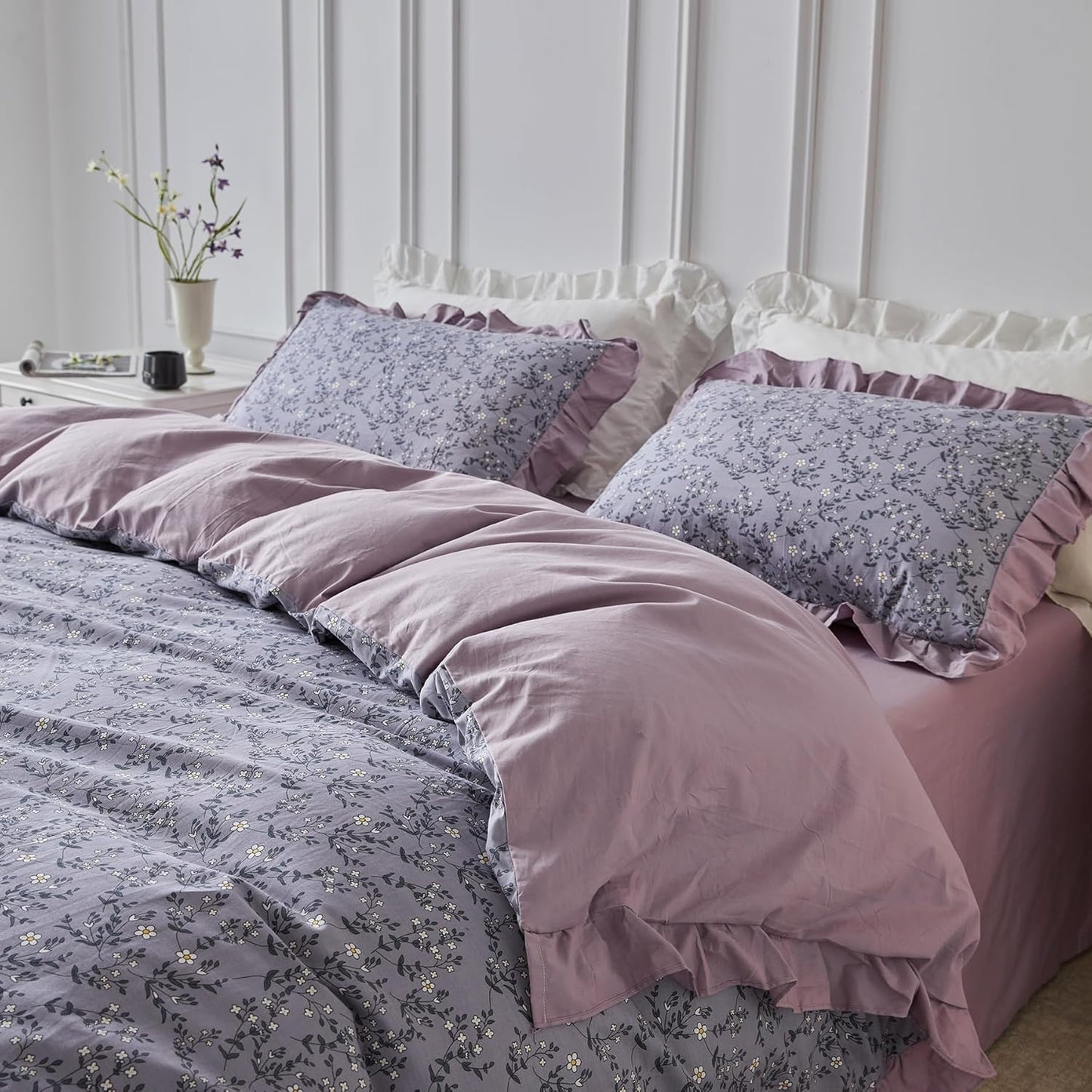 Purple Hemmed Floral Duvet Cover Set