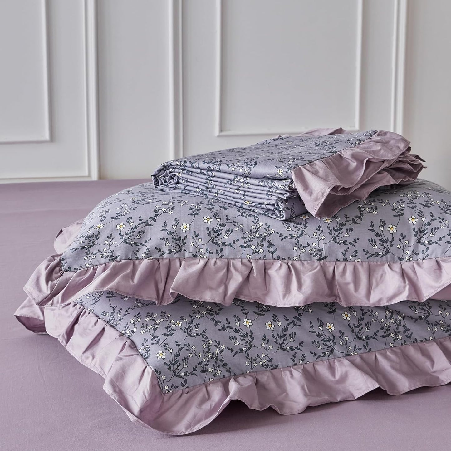 Purple Hemmed Floral Duvet Cover Set