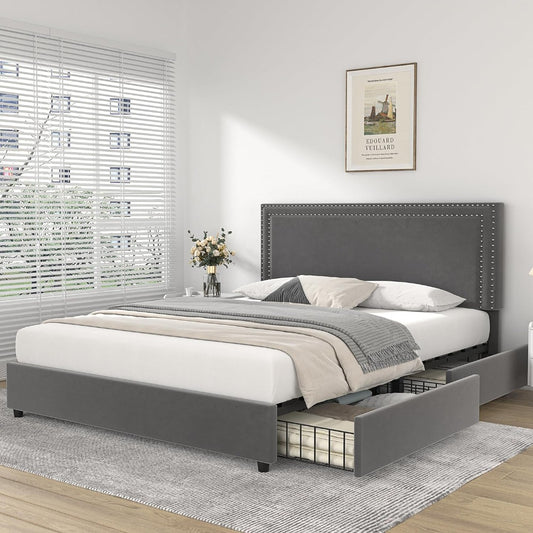 Decorstly Queen Sized Light Grey Upholstered Platform Bed Frame for Bedroom Decor