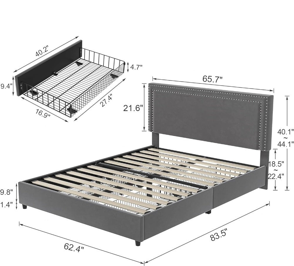 Queen Sized Light Grey Upholstered Platform Bed Frame