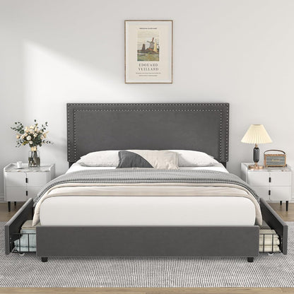 Queen Sized Light Grey Upholstered Platform Bed Frame