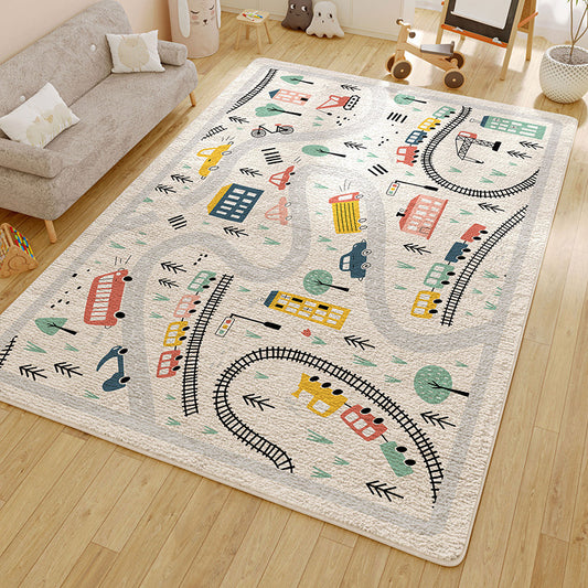 Cartoon-themed plush rug with train and bus design. Water and oil absorbent, soft, wear-resistant, non-slip. Perfect for kitchens, bedrooms, living rooms.