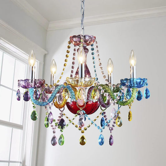Colorful chandelier with multicolored crystals in a room with a window.