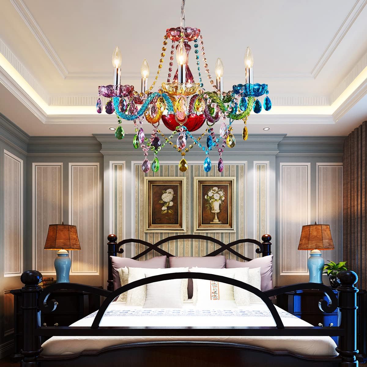 Luxurious bedroom with a colorful chandelier, bed, and lamps.