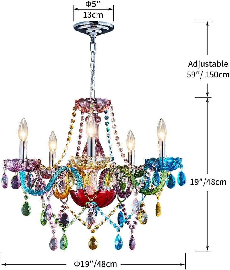 Colorful chandelier with dimensions on a white background