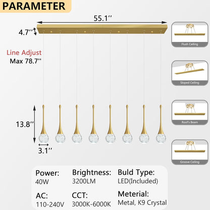 Chandelier with dimensions and specifications on a white background