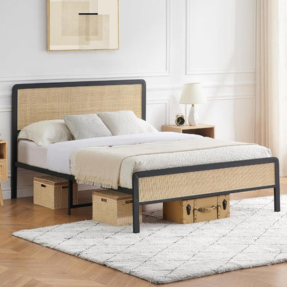 Rattan Headboard Footboard Queen Metal Platform Bed Frame