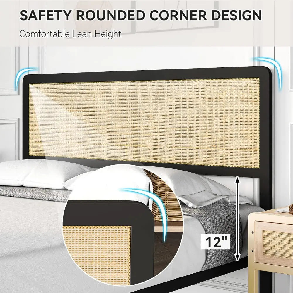 Rattan Headboard Footboard Queen Metal Platform Bed Frame - Decorstly