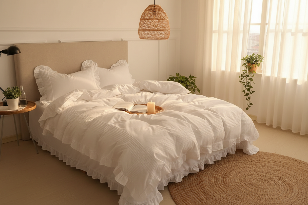 A white ruffled bedding set with a duvet cover and matching pillowcases, styled on a bed in a bright, minimalist bedroom with a gray throw blanket.