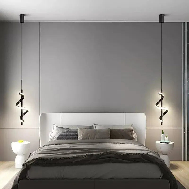 Modern bedroom decor with an LED light fixture, specifically the GlowWave Minimalist Pendant Light.