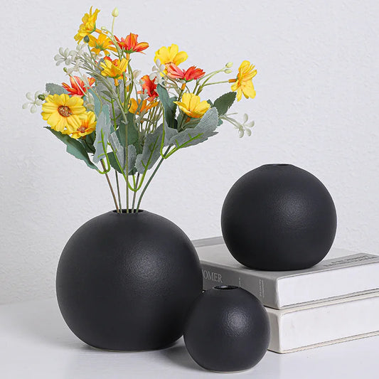 Decorstly Nordic Black Ins Ball Flower Vase | Ceramic Pot for Artificial Flowers Home Office Entrance Shelf Decoration