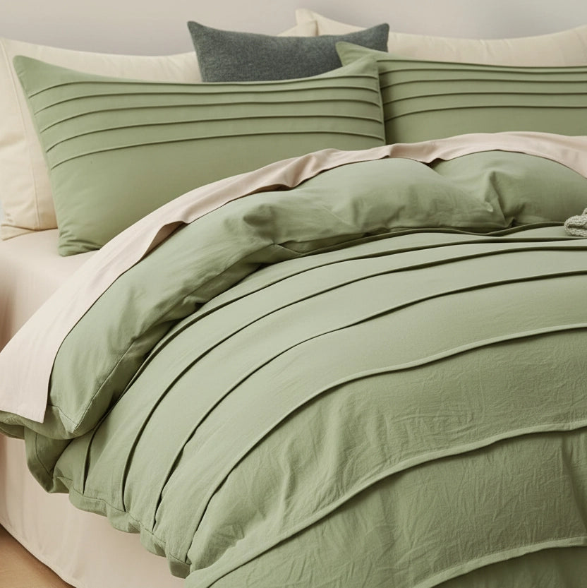 A bed dressed in a sage green bedding set with pleated textures, including a duvet cover, matching pillow shams, and a light blush pink sheet, styled with cream pillows and a dark gray accent pillow.