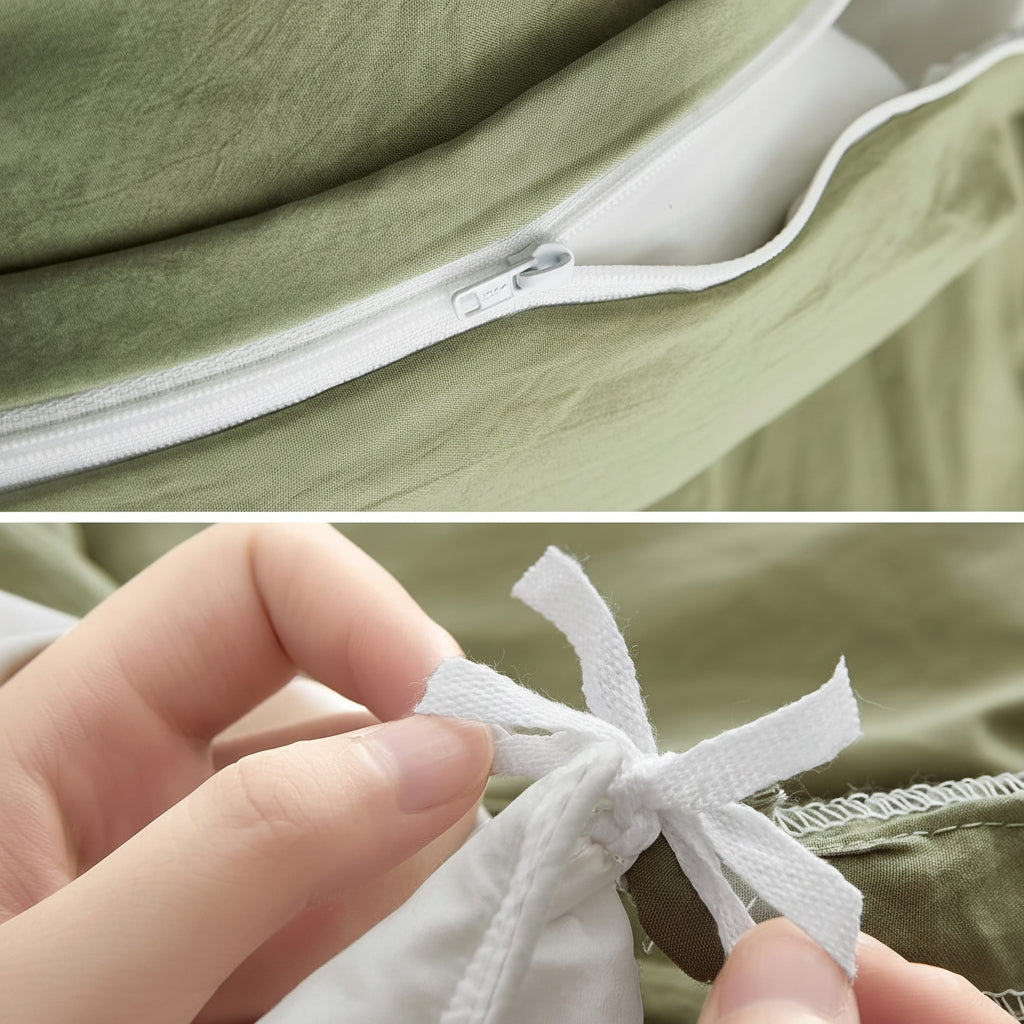 Green fabric with a hidden zipper closure and 8 corner ties.