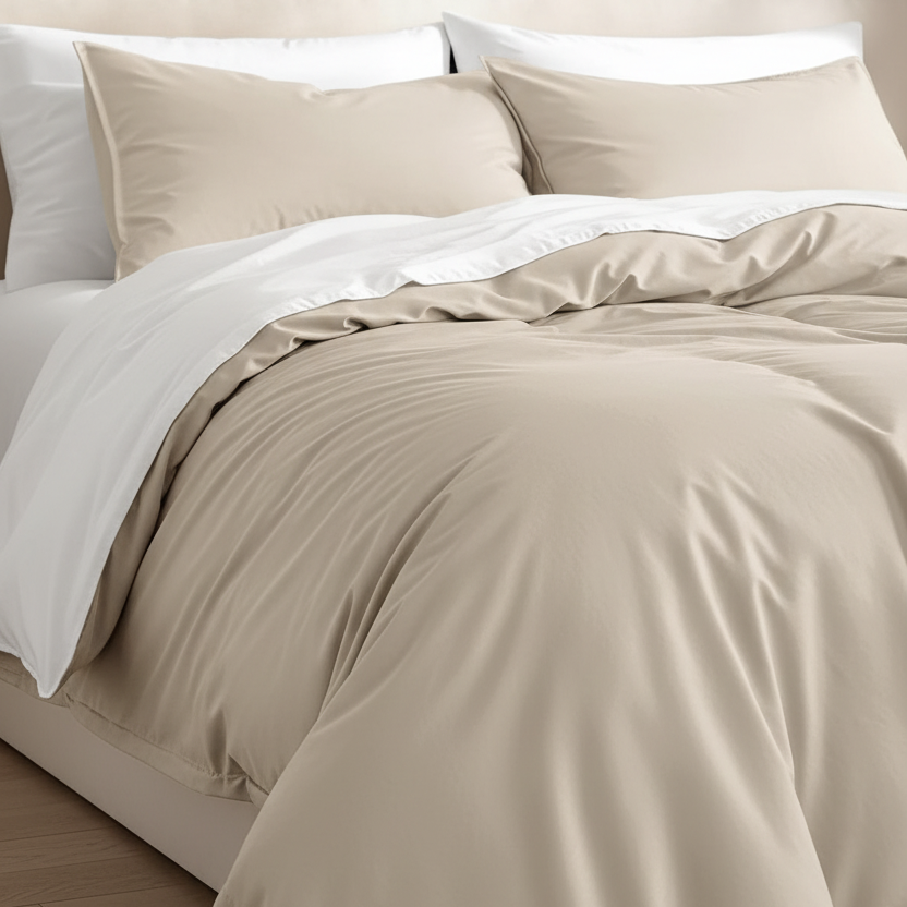 A neatly made bed with a beige duvet cover and matching pillowcases, layered with crisp white sheets and pillows, set against a neutral beige wall and light wood floor.