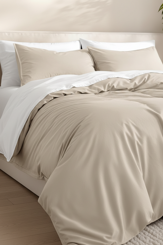 A neatly made bed with a beige duvet cover and matching pillowcases, layered with crisp white sheets and pillows, set against a neutral beige wall and light wood floor.