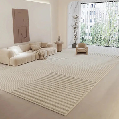 Experience comfort and style in this inviting living room featuring a plush couch and a generously sized rug, adorned with the Cozy Stripe Living Room Carpet.