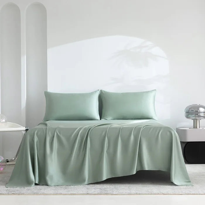 Experience luxury with this satin bedding set perfect for summer.