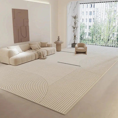 A cozy stripe living room carpet enhances the look of a living room with a large rug and couch.