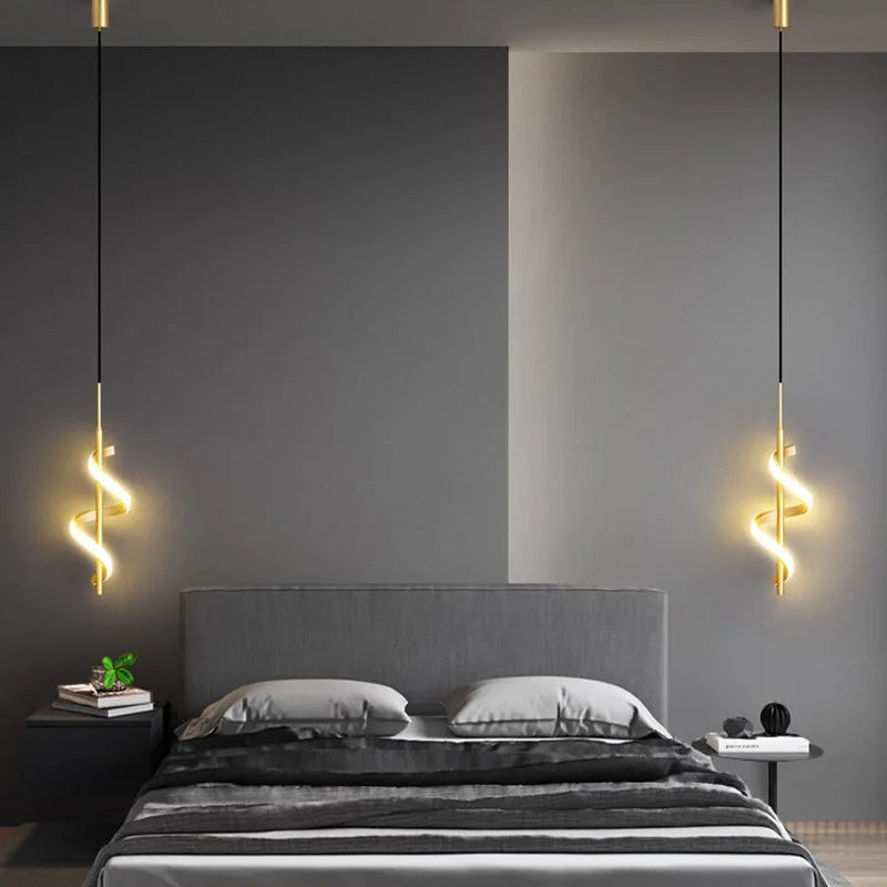 A bedroom setting with a sleek LED light fixture, highlighting the GlowWave Minimalist Pendant Light.