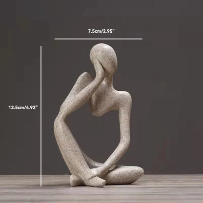An artistic depiction of a woman statue in a seated position on a table, titled "The Thinker Statue Tabletop Art".