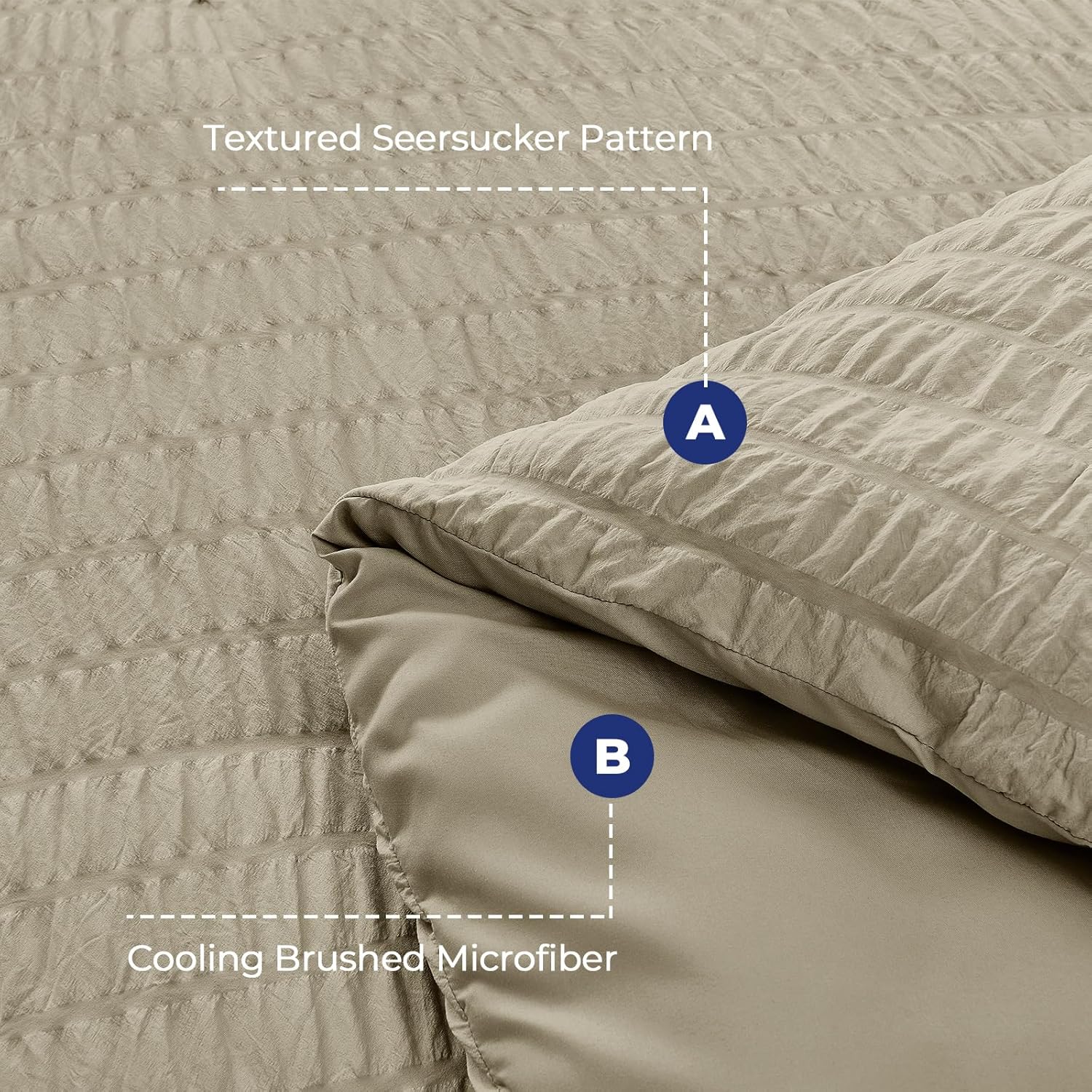 Textured seersucker pattern and cooling brushed microfiber of a beige fabric