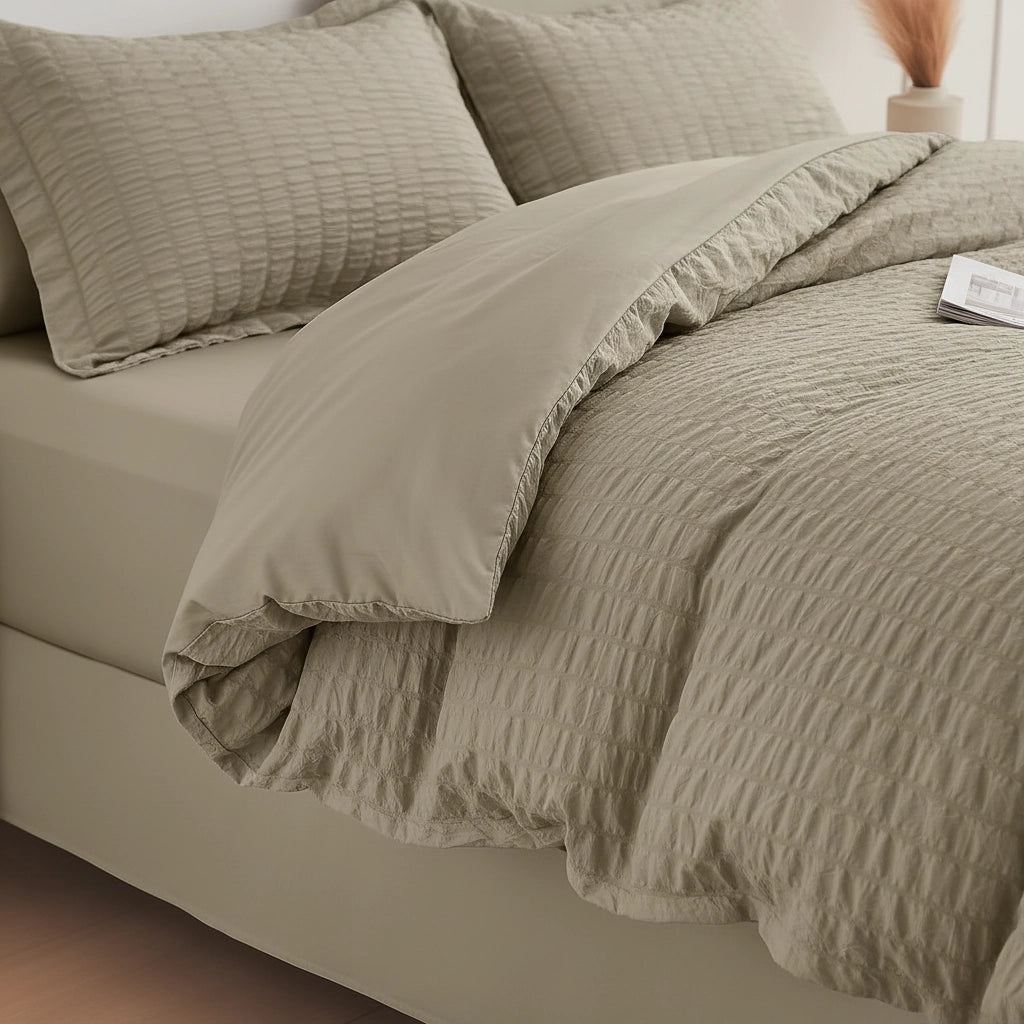 A beige textured bedding set on a bed, featuring a crinkled quilt and matching pillowcases in a neutral warm beige tone.