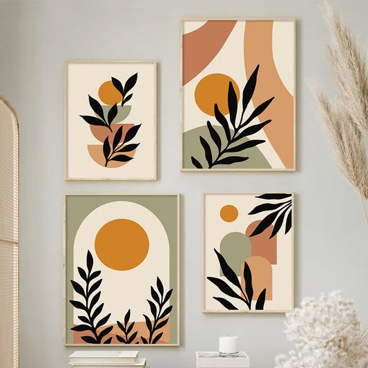 Set of 4 Modern Boho Leaves Art Painting