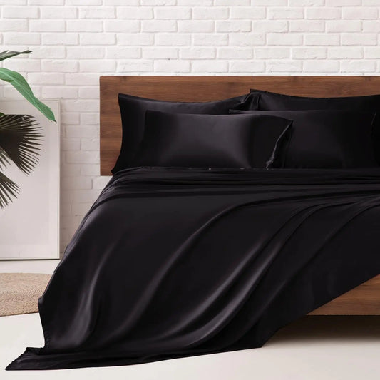 Stylish black satin sheet set with matching pillowcases by CloudSatin Dream Bed Sheet Set.