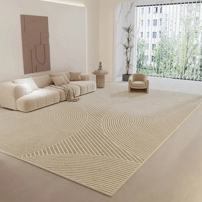 Large rug and couch in a living room featuring cozy stripe living room carpet.