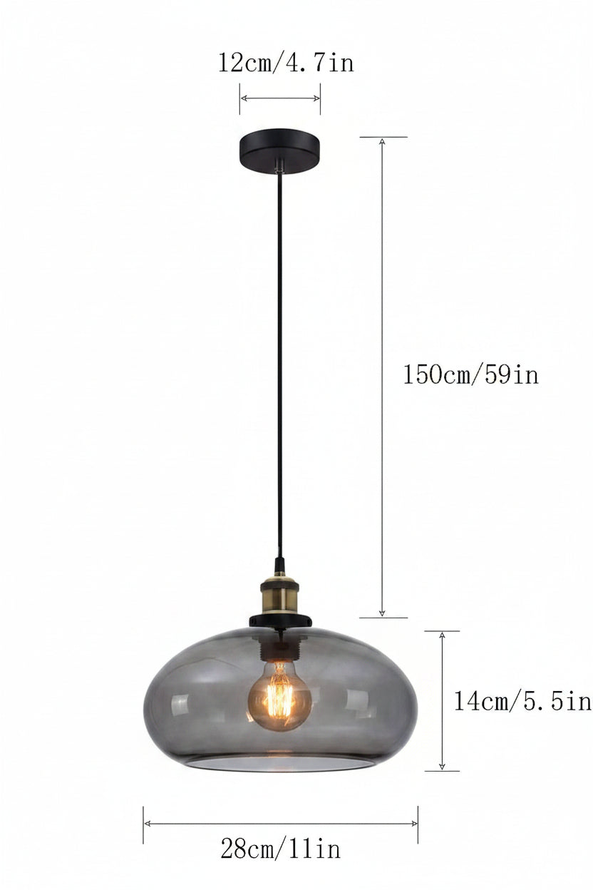 Pendant light with measurements on a white background