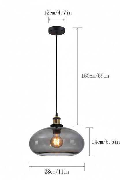 Pendant light with measurements on a white background