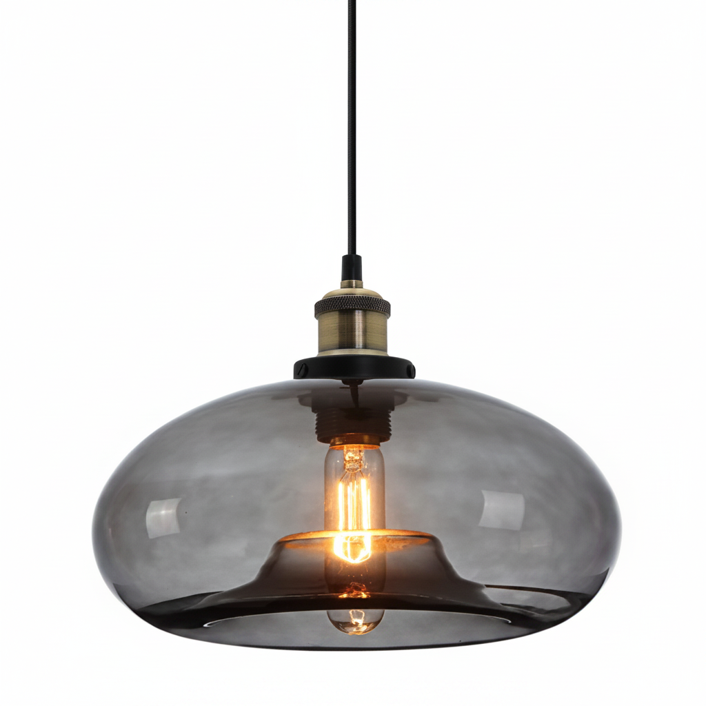 Smoked glass pendant light with a visible bulb on a white background