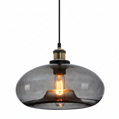 Smoked glass pendant light with a visible bulb on a white background