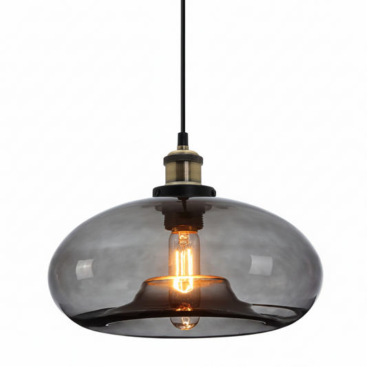Smoked glass pendant light with a visible bulb on a white background