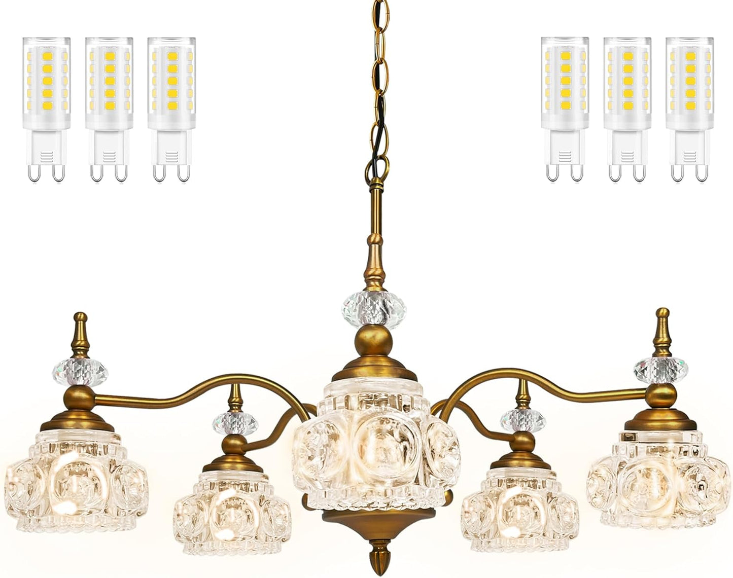 Chandelier with crystal shades and G9 LED bulbs on a white background